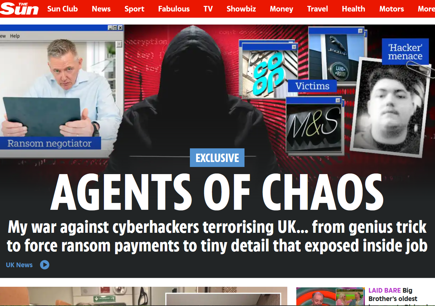 image News graphic or magazine cover from The Sun news featuring Brainstorm Security for their expert ransomware negotiation services